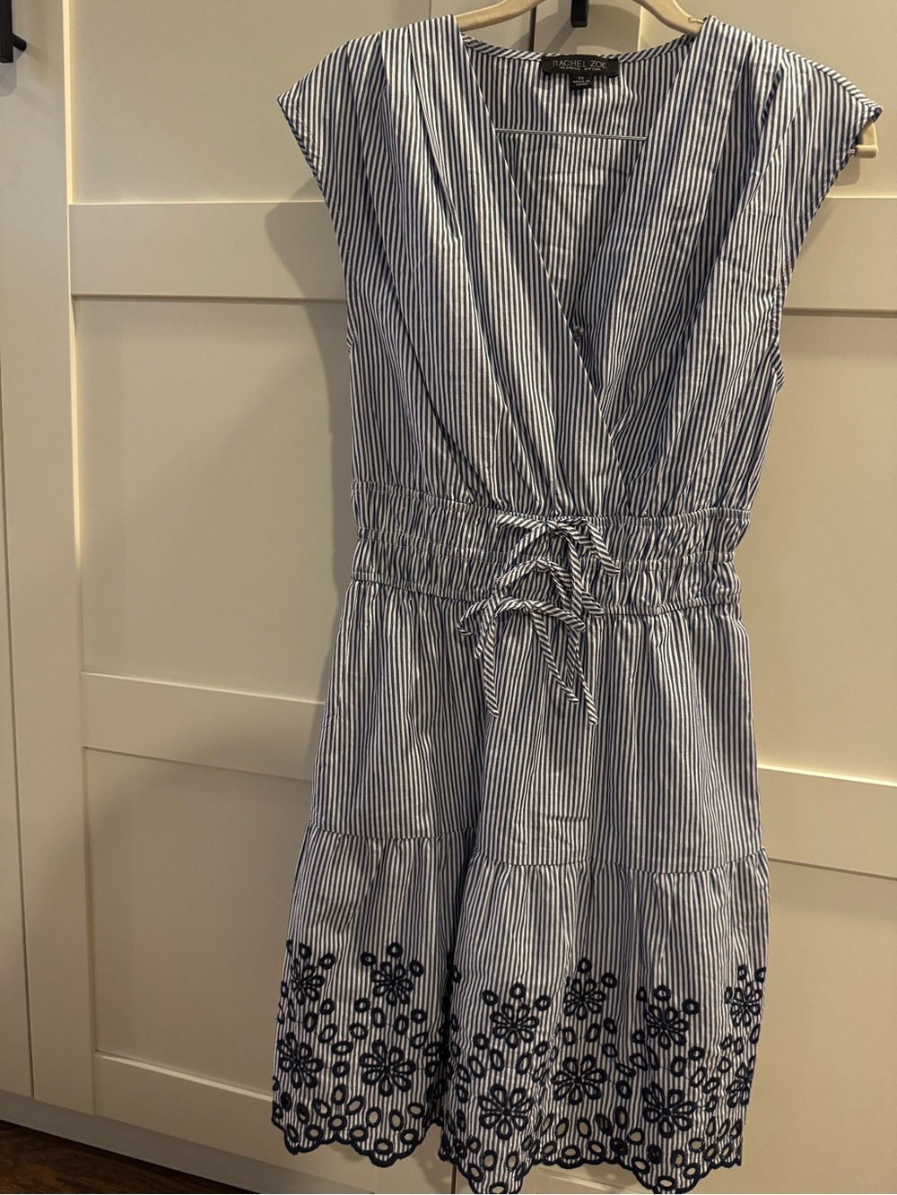 Rachel Zoe Blue & White Striped Tie-Waist Midi Dress with Navy Embroidered Hem